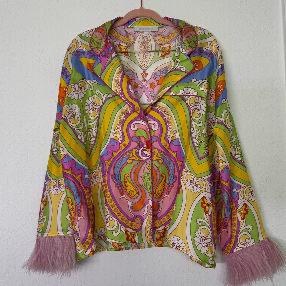 Borgo De Nor 100% Silk Ostrich Feather Graphic Long Sleeve Blouse